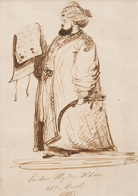 Mid 19th century School, ink, Full length portrait of Sidar Hydur Khan, indistinctly monogrammed and dated 30th March 1855, 23 x 15cm. Condition - good